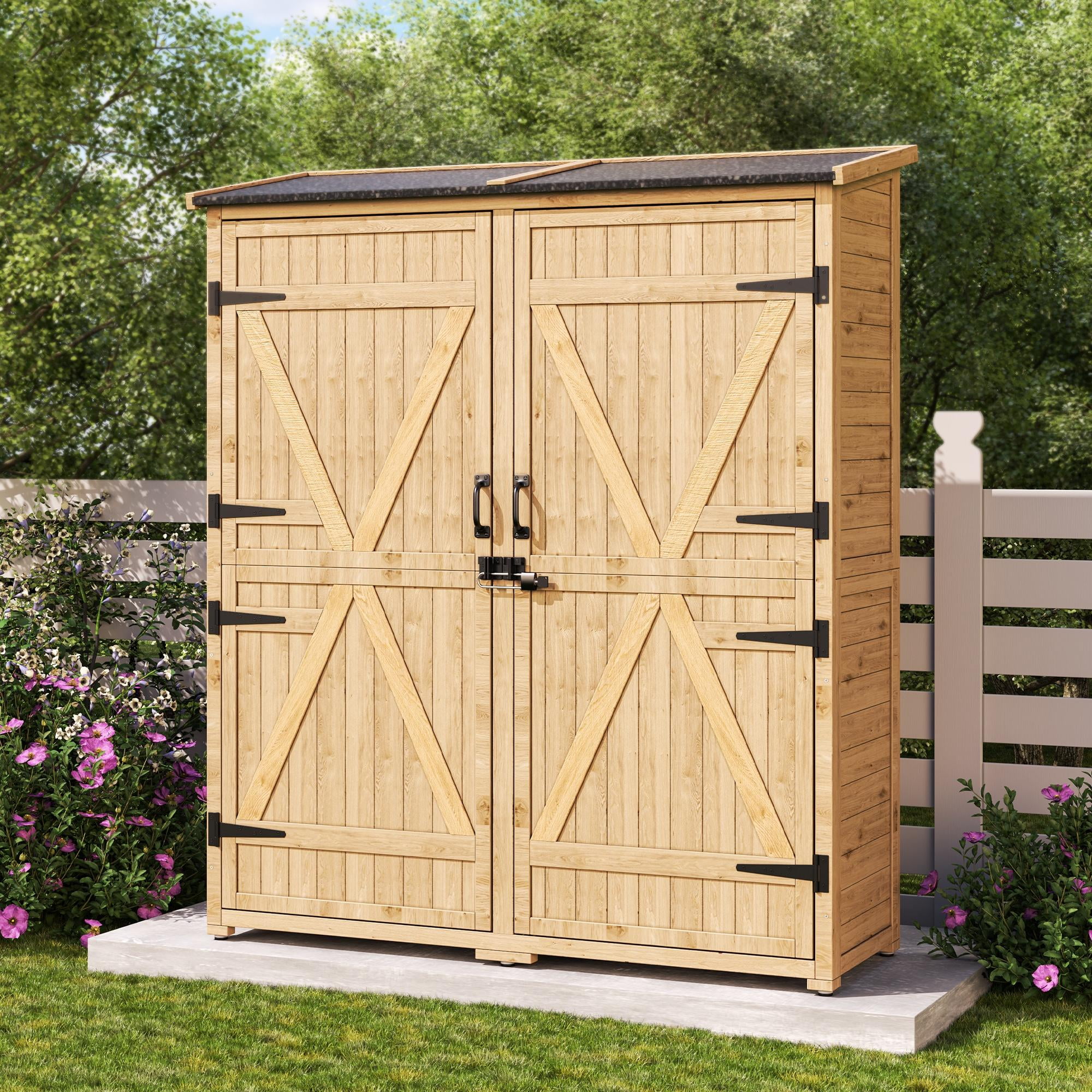 Asofer Wood Vertical Shed with Floor, Outdoor Storage Cabinet with Waterproof Roof, Garden Shed with 2 Removable Shelves