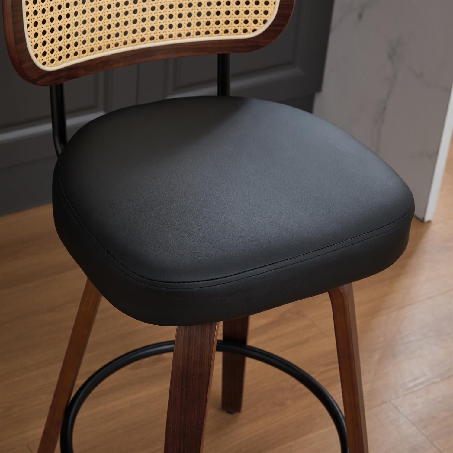 Demi Bonn 35" Swivel Bar Stools Set of 3 with Upholstered Faux Leather, Rattan Back & Bentwood Legs, Counter Height Stools for Kitchen or Bar Seating, Black