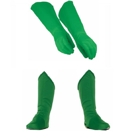 Child Superhero Green Shoe Covers Boot Tops and Gauntlet Gloves Costume