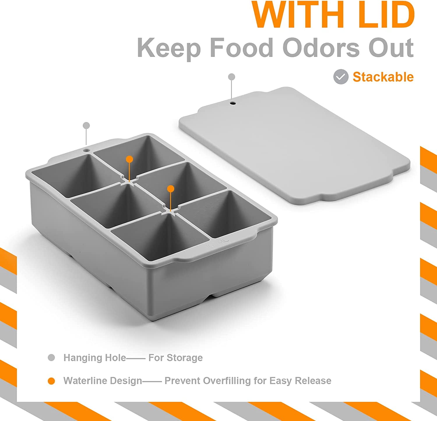 Large Ice Cube Tray with Lid Pack of 2, Stackable Big Silicone Square Ice Cube Mold for Whiskey Cocktails Bourbon Soups Frozen Treats, BPA Free