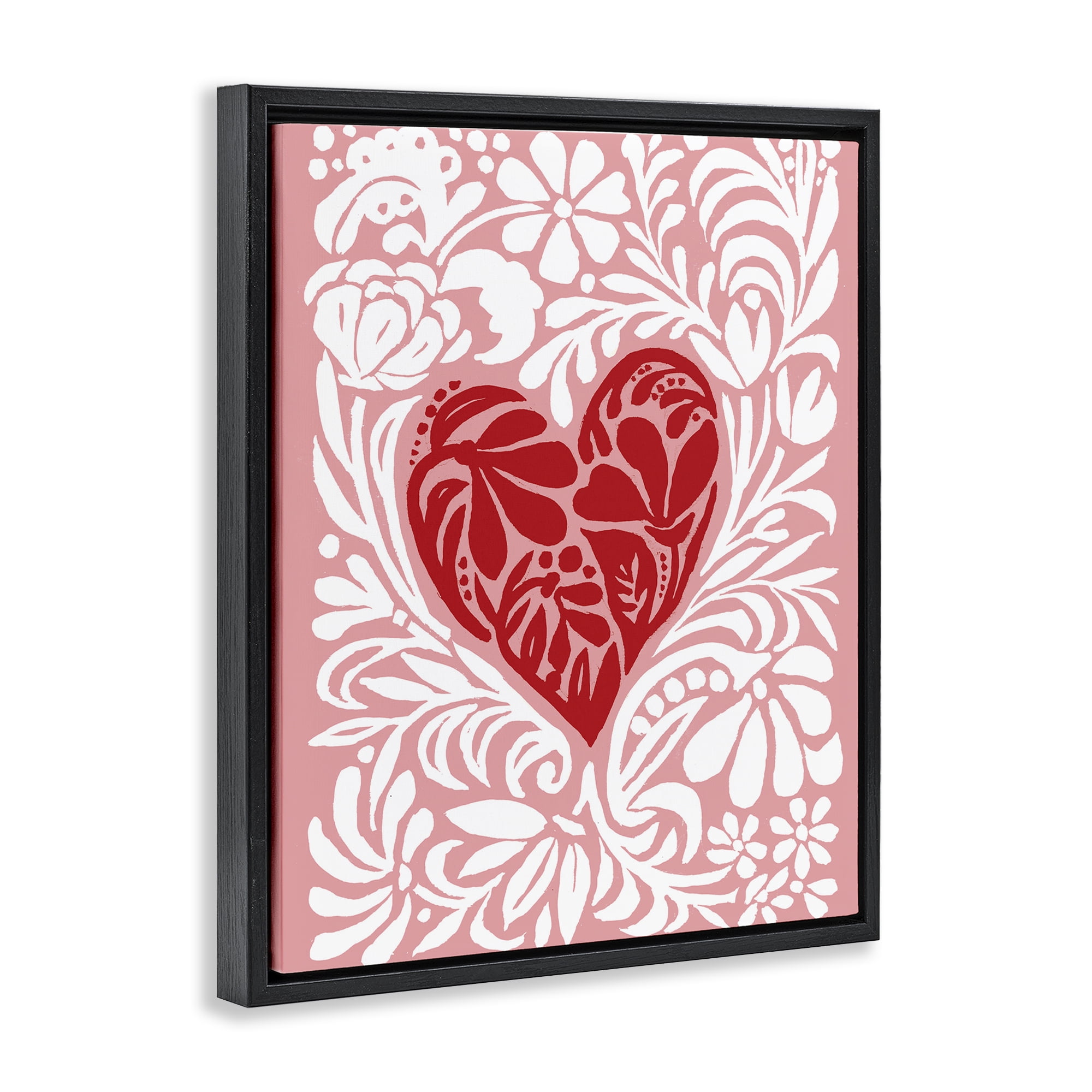 Stupell Industries Red Leafy Heart on Pink Black Framed Floater Canvas Wall Art, design by Cindy Jacobs