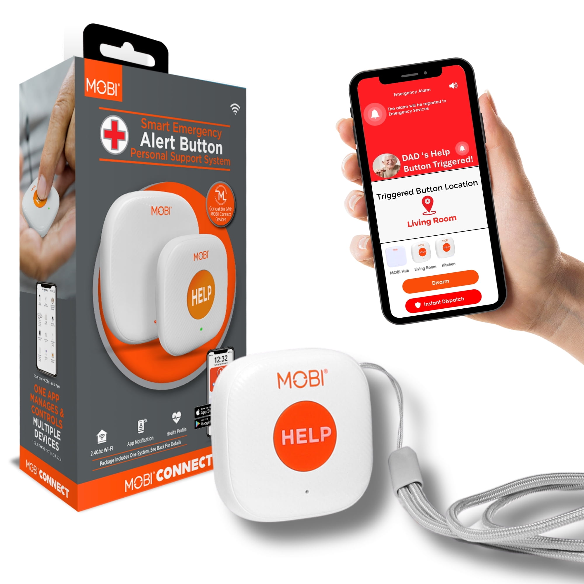 MOBI Emergency Alert Button, Smart Wireless Caregiver Support Monitoring System - Battery Powered