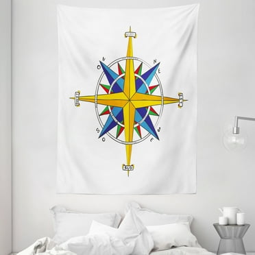 Compass Tapestry, Colorful Vivid Design Windrose Marine Life Theme Sailing Journey Directions, Wall Hanging for Bedroom Living Room Dorm Decor, 60W X 80L Inches, Yellow Night Blue, by Ambesonne