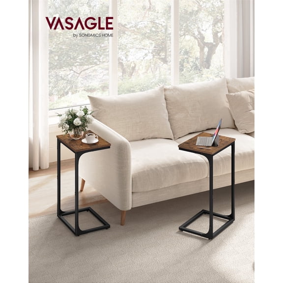 Set of 2 C-Shaped End Tables, Side Table for Sofa with Adjustable Feet, Metal Frame for Living Room Bedroom, Rustic Brown & Black