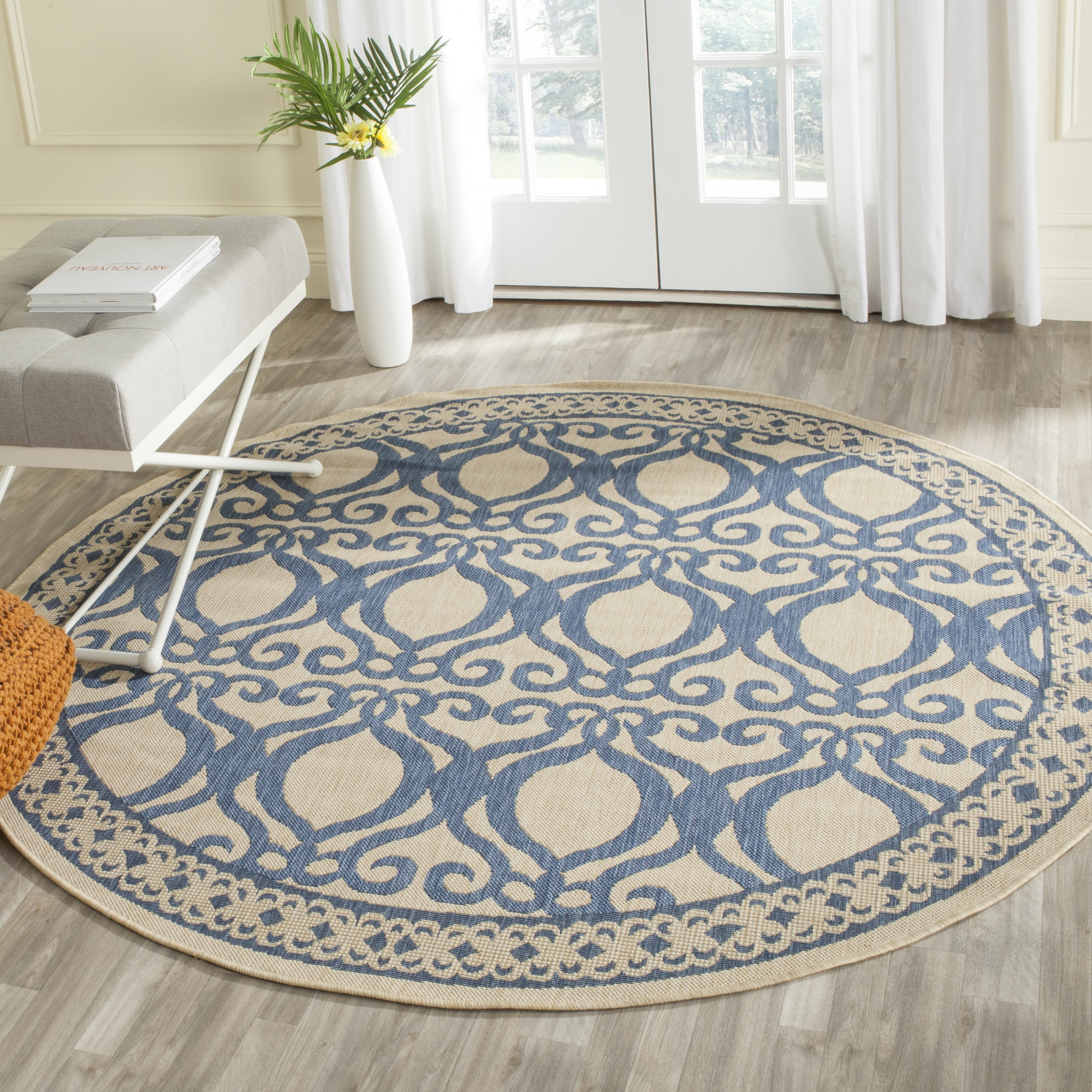 SAFAVIEH Courtyard Colton Geometric Indoor/Outdoor Area Rug, Natural/Blue, 6'7" x 6'7" Round