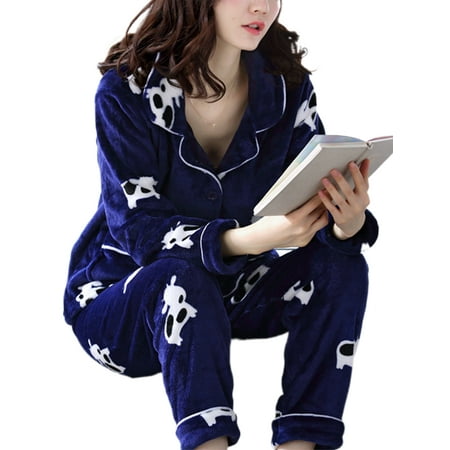 

Cindysus Ladies Pajamas Sets Button Down Nightgown Lapel Sleepwear Casual Velvet Long Sleeve Nightwear Navy Blue L