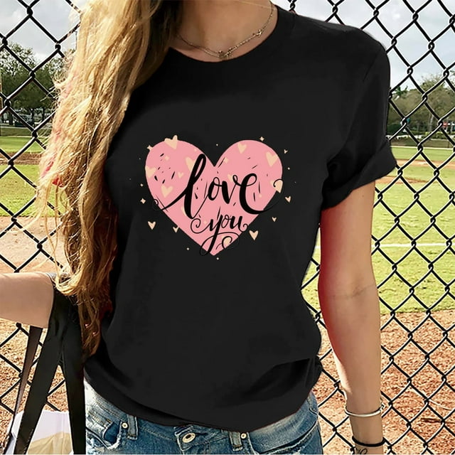 TIMIFIS T-Shirts de la Saint-Valentin pour Femmes Été Décontracté Manches Courtes Col Rond Imprimé Cœur d'Amour