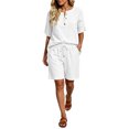 thumbnail image 2 of Gamivast 2 Piece Summer Outfits for Women Casual Linen Textured Short Sleeve Henley Shirt and Drawstring Shorts Set Loose Fit Lounge Tracksuit Vacation Streetwear White L, 2 of 7