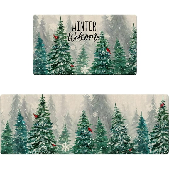 Winter Welcome Decorative Kitchen Rugs Set of 2, Farmhouse Pine Tree Cardinal Kitchen Mat Snowflakes Non-Slip Floor Mat, Winter Decorations for Home Kitchen - 17x30 and 17x47 Inch