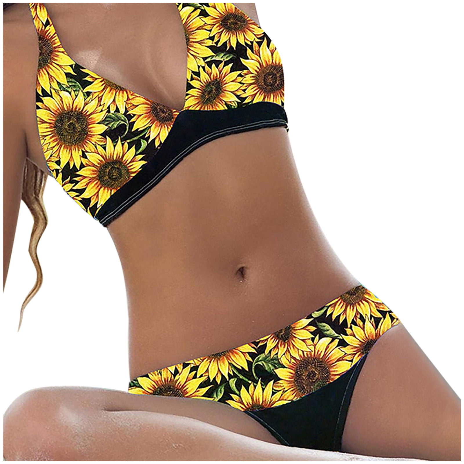Bikini Swimsuit Sunflowers Pattern Cupless Waist Sexy Swimming