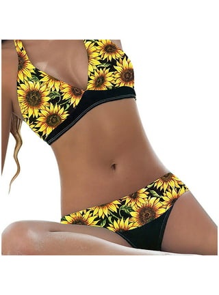 Anjikang Women Two Piece Swimsuits Cute Sunflower High Waisted Bikini Set  Tie Knot Ruched Tummy Control Bathing Suits with Bottom, Black, X-Large
