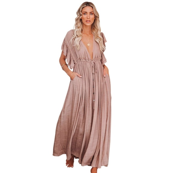 EDOLYNSA Women's V Neck Bikini Cover Up Summer Maxi Beach Dress High Waist White Swimsuit Coverup