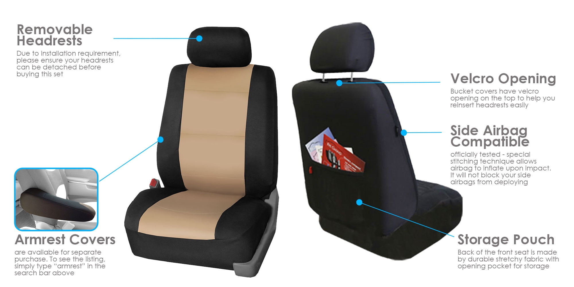 FH Group Universal Fit Neoprene Car Seat Covers, Airbag Compatible Front Set - Beige FB083102BEIGE