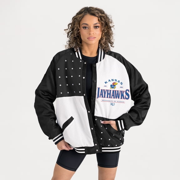 Women's Gameday Couture Black Kansas Jayhawks Oversized Inner Drive Varsity Rhinestone Full-Snap Bomber Jacket