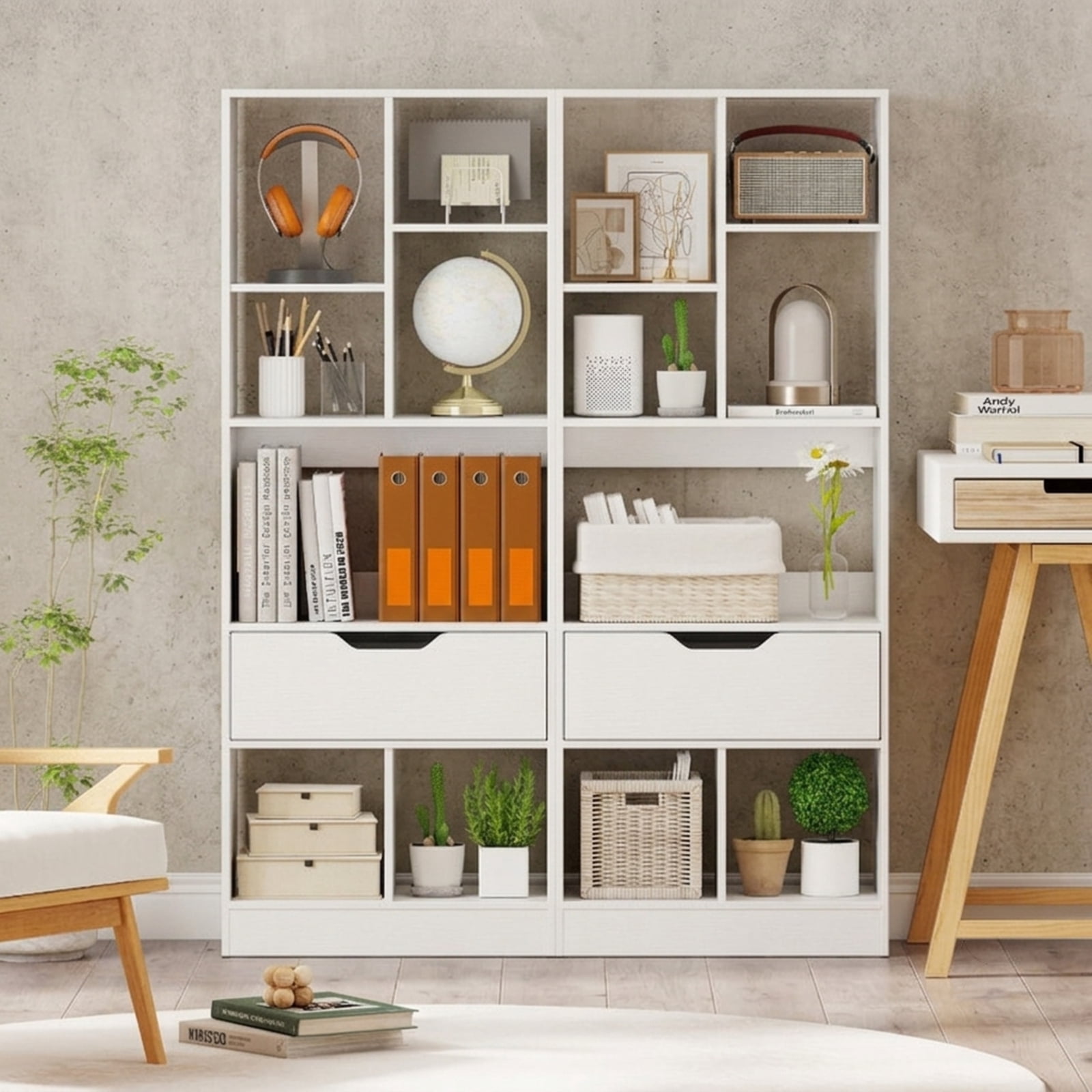 Furnibear 51 Inch Tall Freestanding Bookcase with Storage Drawer and 7 Open Cubes Slim Wood Storage Organizer for Bedroom and Office, White
