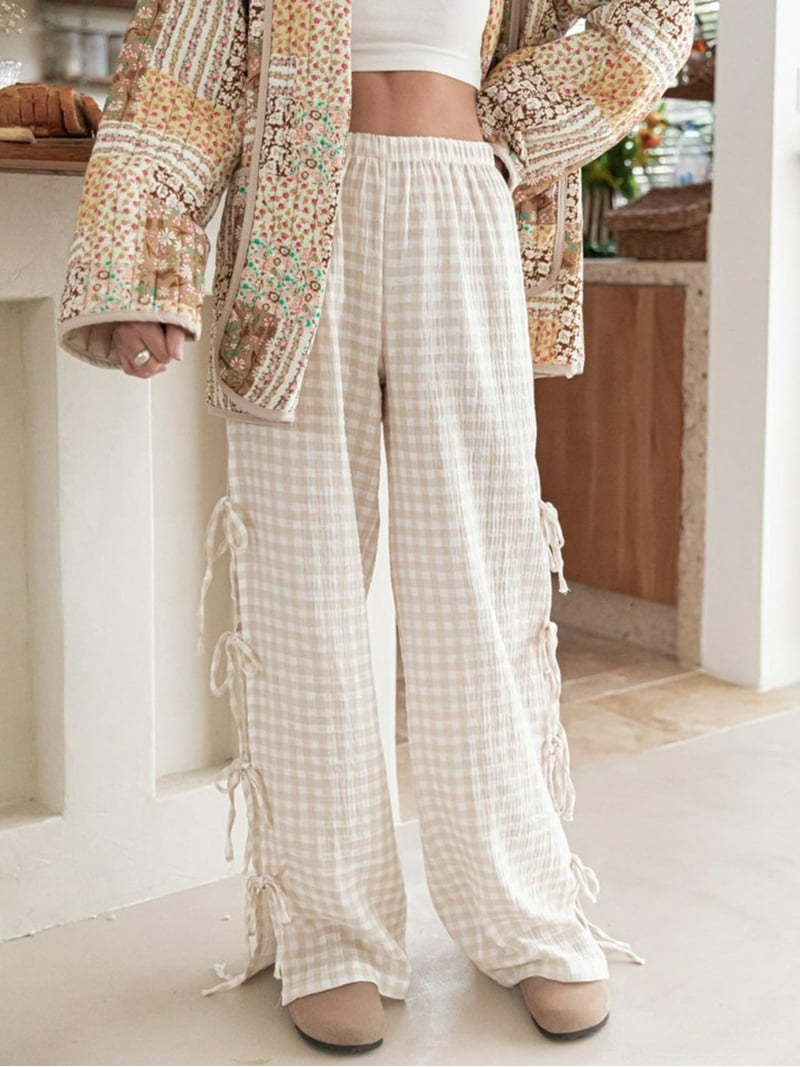 パンツ NEON SIGN plaid mw plover tiered pants Women's Multi Glen Plaid High Waist Wide Leg Pants In Grey