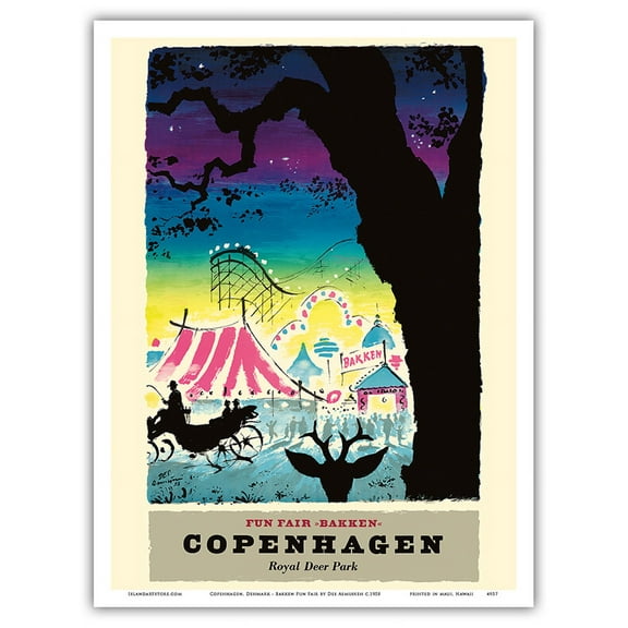 Copenhagen Denmark - Bakken Fun Fair Amusement Park - Royal Deer Park (Dyrehavsbakken) - Vintage Travel Poster by Des Asmussen c.1958 - Master Art Print (Unframed) 9in x 12in