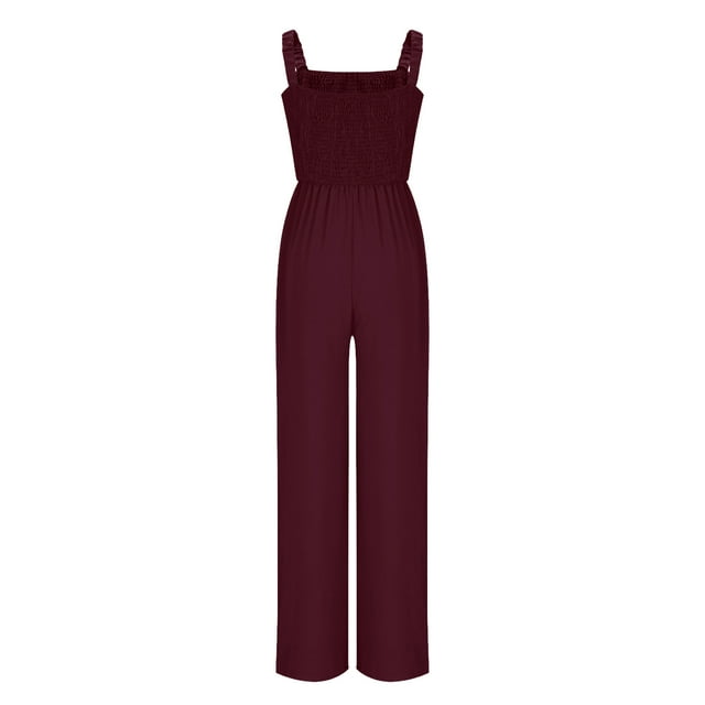 QATAINLAV Women's Jumpsuits 2025 Summer Casual Loose One Piece Overalls Solid Color Smocked Sleeveless Wide Leg Rompers with Pockets Red L Ropa de Verano Para Mujer