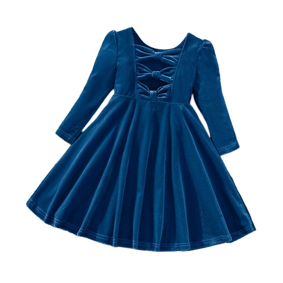 Odeerbi Girls Christmas Dress Little Girls Clothes Velvet Princess Dress Christmas Velvet Bow Dresses Blue 6-7 Years