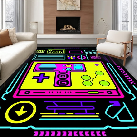 ODIKA 4'x6' Machine Washable Non-Slip Area Rug, Digital Artwork Arcade Enthusiast Entertainment High Traffic Rug, Pink, 673478