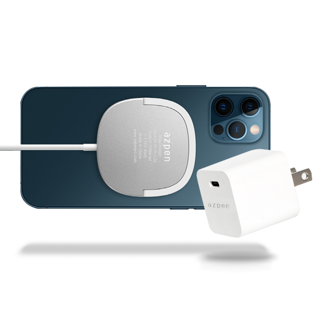 Azpen Chargeur Mural MagCharger et Chargeur Mural PD 20Watt. Charge Sans Fil Rapide et Connexion Magnétique pour iPhone 12, 12 Pro, 12 Pro Max, 12 Mini. Charge Sans Fil Tout Appareil Compatible Sans Fil Qi.