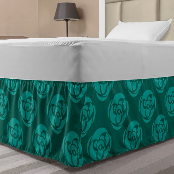 Floral Bed Skirt, Flowers Silhouettes Modern Dreamy Blossoms Interpretation, Elastic Bedskirt Dust Ruffle Wrap Around for Bedding Decor, 4 Sizes, Dark Teal Seafoam, by Ambesonne