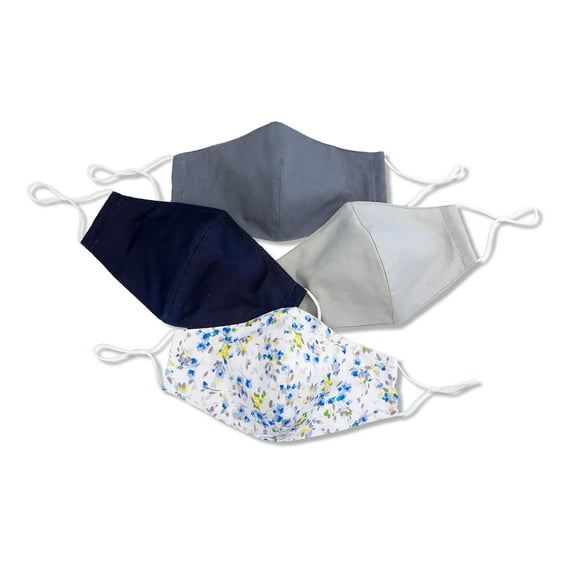 Hope Love Shine Cotton Pack of 4 Face Masks w/Adjustable Ear Loops & Filter Pocket - Reusable, Washable (Navy, Denim Blue, Light Gray, Floral)