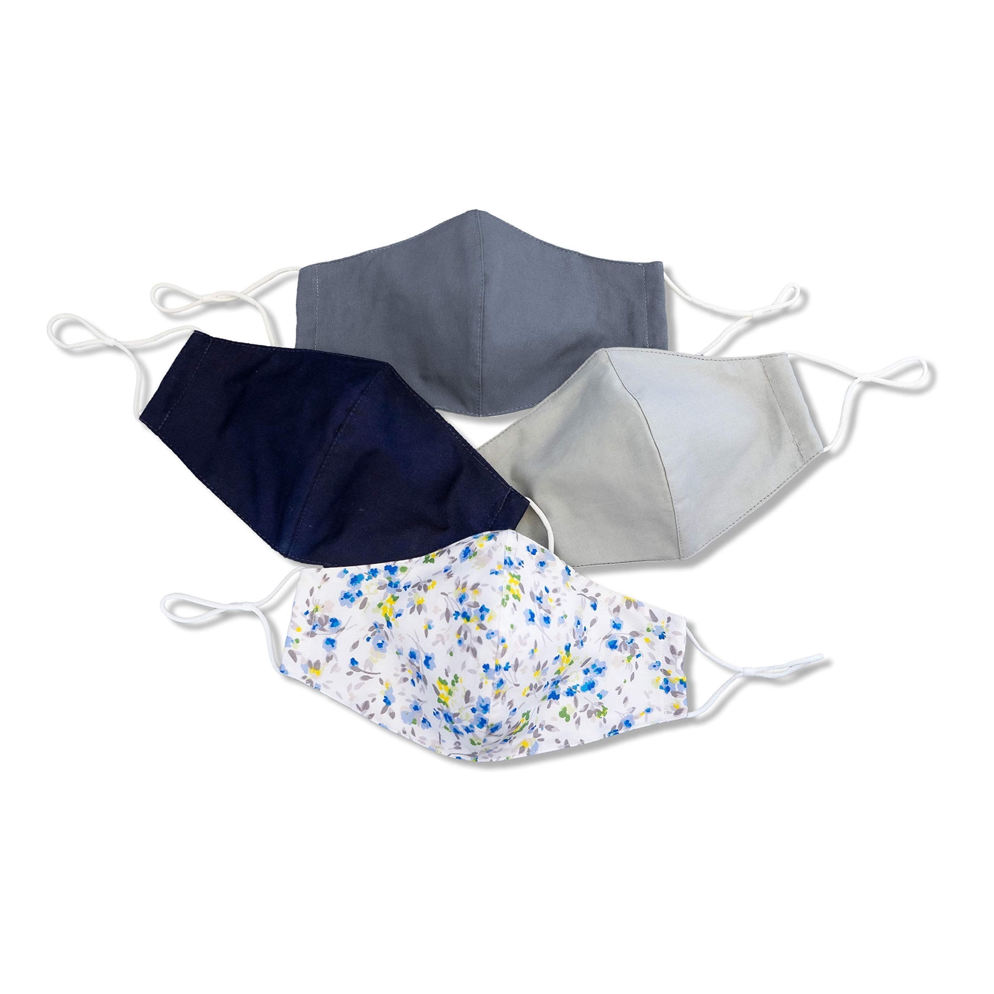 Hope Love Shine Cotton Pack of 4 Face Masks w/Adjustable Ear Loops & Filter Pocket - Reusable, Washable (Navy, Denim Blue, Light Gray, Floral)