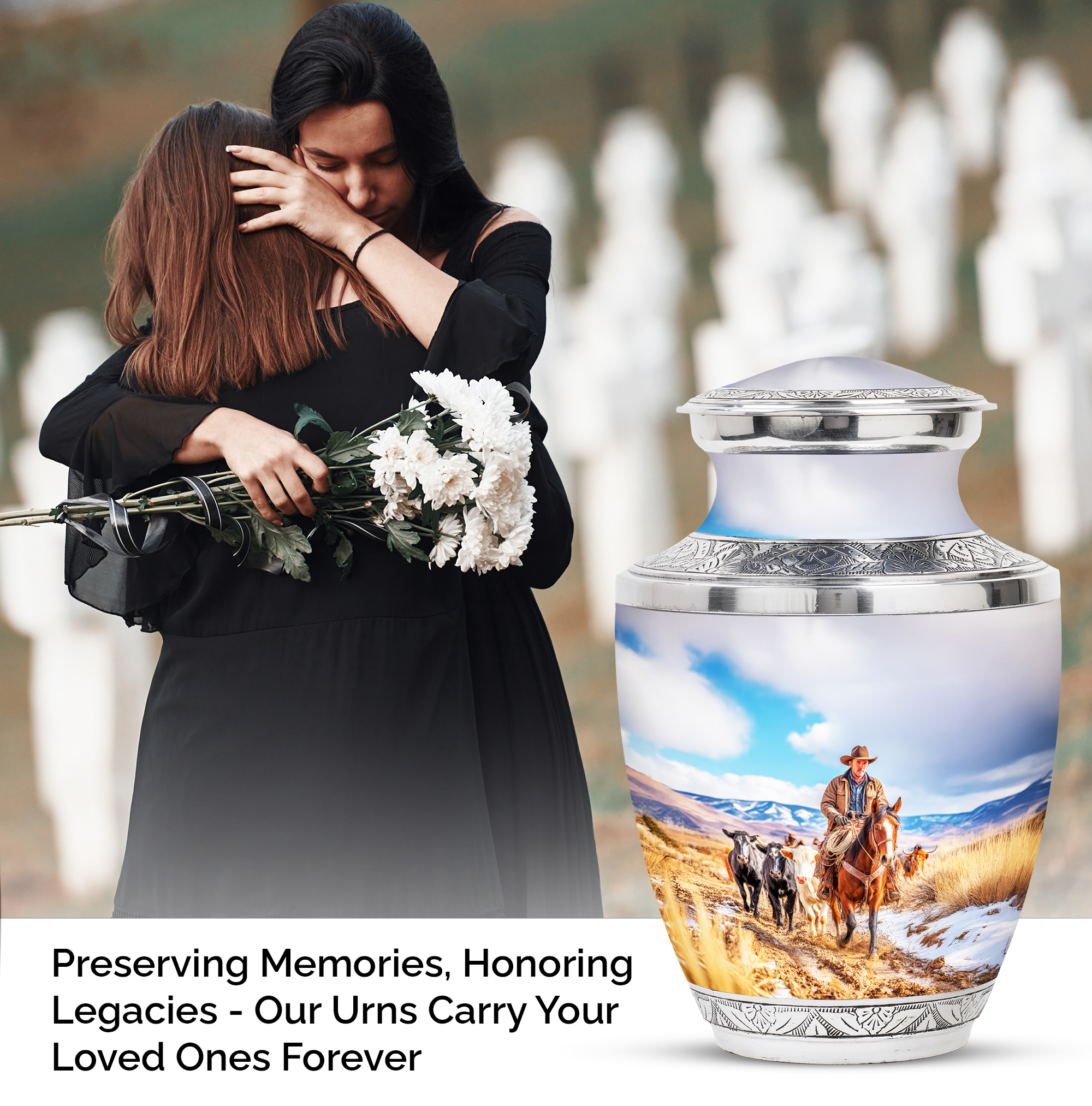 SABURIAL Cowboys Ash Urn for Men & Female - Decorative Urns for Ash - 10 Inch - Large with Velvet Bag - Urns for Human Ashes Large - Human Remains Urn - Memorial Burials for Ashes