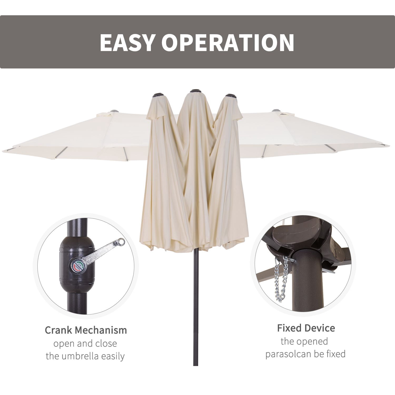 Outsunny 15ft Double-Sided Patio Umbrella, Extra Large Cream White Market Parasol with Crank Handle, UV Resistant Polyester & Steel Ribs for Backyard, Deck, Pool, and Garden