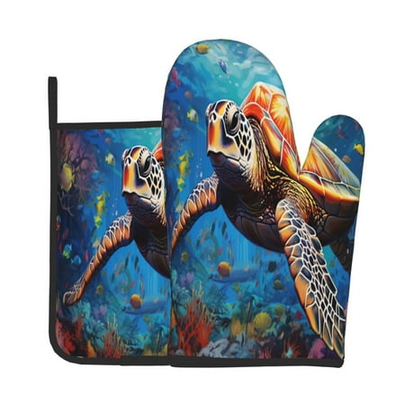 

Gaeub Colorful Underwater Sea Turtle Print Oven Mitts and Pot Holders Sets of 2 Heat Resistant Pad Cooking Gloves for Baking BBQ Home Decor