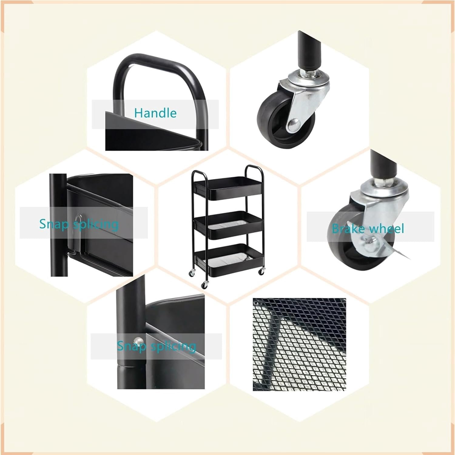 3 Tier Metal Rolling Cart with Wheels,Storage Organizer for Kitchen,Dorm,Bathroom,Classroom,17" D x 12" W x 29" H,Black