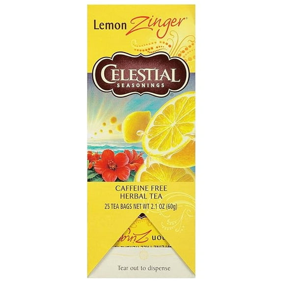 Celestial Seasonings Lemon Zinger Herbal Tea Caffeine Free 25 Tea Bags – Bright Lemon Flavor with Hibiscus, 2.1 oz