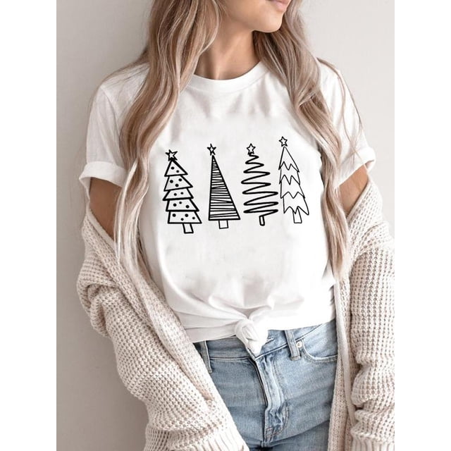 Camiseta con estampado de estrella de árbol para mujer, ropa de tendencia de los 90, Feliz Navidad, vacaciones, Año Nuevo, 2025