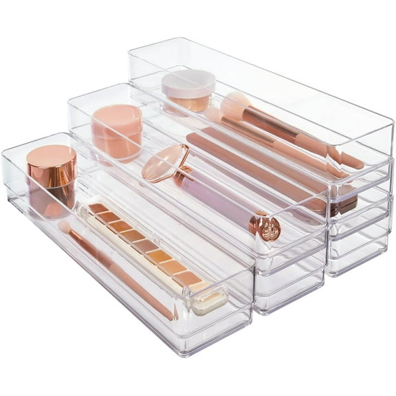SimpleSort 6-Piece Stackable Clear Plastic Drawer Organizers, 12 x 3 x 2 Inch Rectangle Trays for Makeup Vanity, Office Desk, Kitchen Utensil Storage,Made
