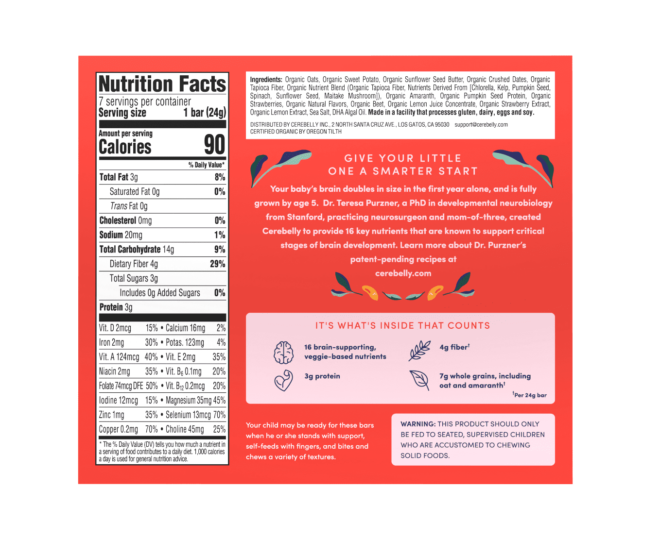 Cerebelly Organic Strawberry Beet Smart Snack Bar for Toddlers, 7 Count