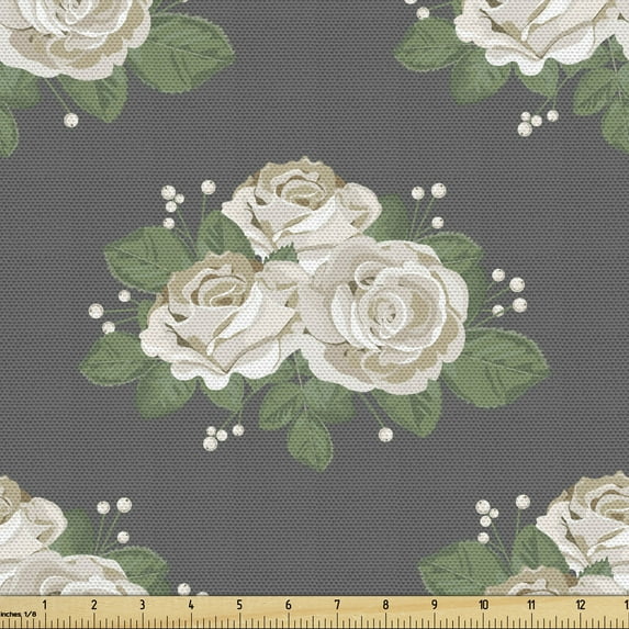 Floral Fabric by the Yard Upholstery, Pattern of Vintage Style Feminine Romantic Bridal Bouquets Arrangements, Decorative Fabric for DIY and Home Accents, Grey Green and Eggshell by Ambesonne