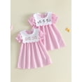 thumbnail image 3 of BemeyourBBs Toddler Baby Girl Summer Striped Dress Little Baby Girl Silly Goose Big Sister Outfit 12 18 24 Months 2 3 4 5 Years Scalloped Collar Puff Short Sleeve Silly Goose Floral Embroidery Dress, 3 of 9