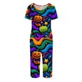 thumbnail image 4 of Women's Halloween Loungewear Set Short Sleeve V Neck Top and Cropped Pants with Pockets Ghost Pumpkin Print Breathable Soft Pajama Set for Home Outdoor Multicolor 2XL, 4 of 6
