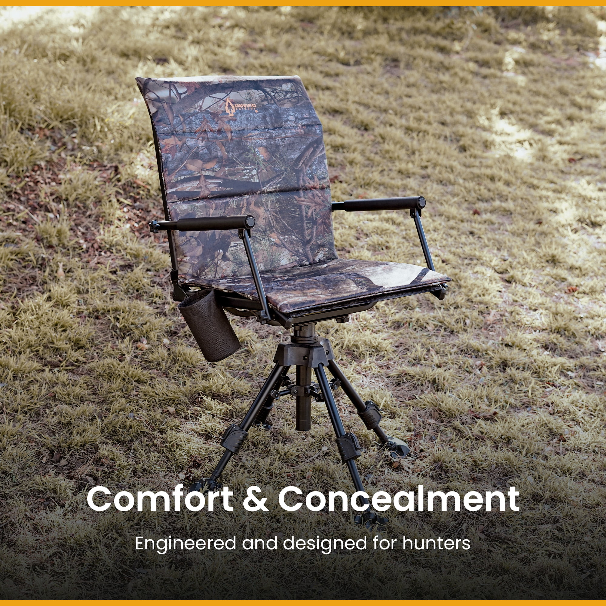 ARROWHEAD OUTDOOR Wide Folding 360° Hunting Swivel Blind Chair with Removable Camouflage Seat Pad, Armrest, No-sink Feet, Shoulder Strap, Mesh Chair, Adjustable Height