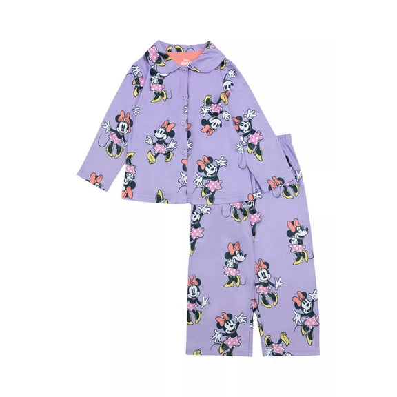Minnie Mouse Toddler Girl's Purple Print Flannel Button-Down Pajama Set, Size 2T