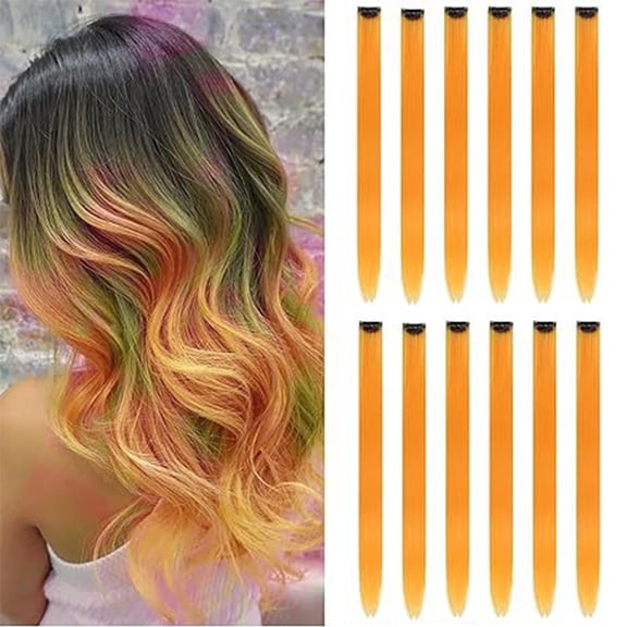 Hair Extensions,Clip In Hair Extensions,12PCS Synthetic Fiber Colored Wig,Hair Extensions Straight Long Hairpiece Wig Pieces Colored Hair Extensions Clip for Dolls Party(Light Orange)