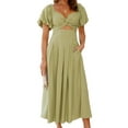 thumbnail image 3 of Women'S Summer Boho Maxi Dress V-Neck Cute Bubble Short Sleeve A-Line Long Dress with Pocket Green L, 3 of 9