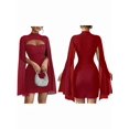 thumbnail image 3 of Women'S Round Neck Ribbed Chiffon Dress with Pearl Detail Cape Style Bodycon Slip Dress Red M, 3 of 6