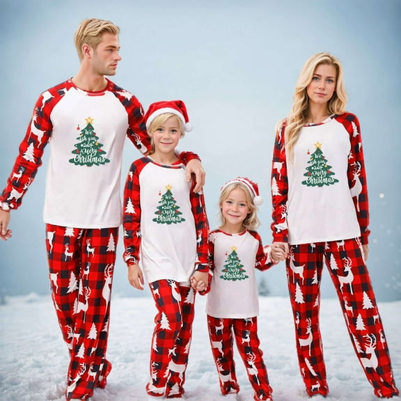 Odeerbi Christmas Pajamas for Family Holiday Long Sleeve Family Christmas Pajamas Matching Sets Dad Casual Printed Top Pants Outfits Loungewear Two-Piece Sleepwear Xmas PJs Set Red