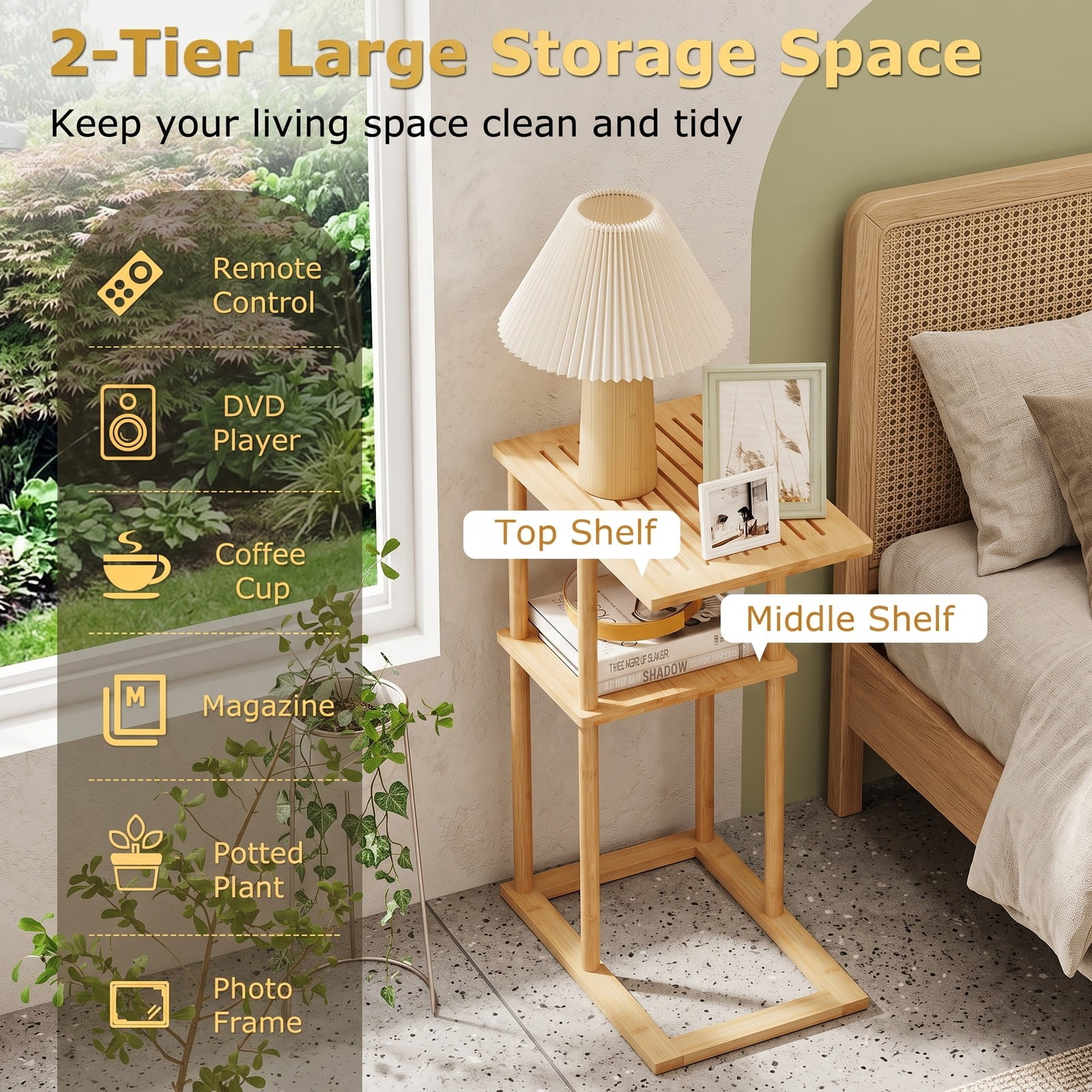 Furnibear Side Table Set of 2, 2-Tier Bamboo End Table with Storage Shelf, Nightstand Sofa Side Table for Living Room Bedroom Study, Rectangular Small Accent, Natural