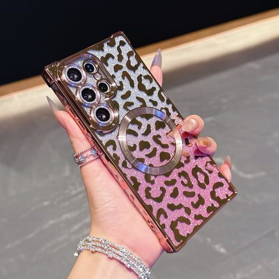 Leopard Print Case for Samsung Galaxy S26 Ultra for Women, Magnetic Gradient Glitter Back, Electroplated TPU Shockproof Protective Cover with Lens Protector, Lightweight Anti-Scratch Case, Pink
