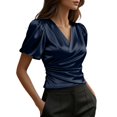 thumbnail image 3 of Sillenn Women's Satin V-Neck Blouse Puff Short Sleeve Wrap Front Ruched Waist Top Silky Slim Fit Elegant Shirt Satin Silk Shirt Dressy Casual Office Work Tops Trendy Going Out Cropped Blouses Navy L, 3 of 7