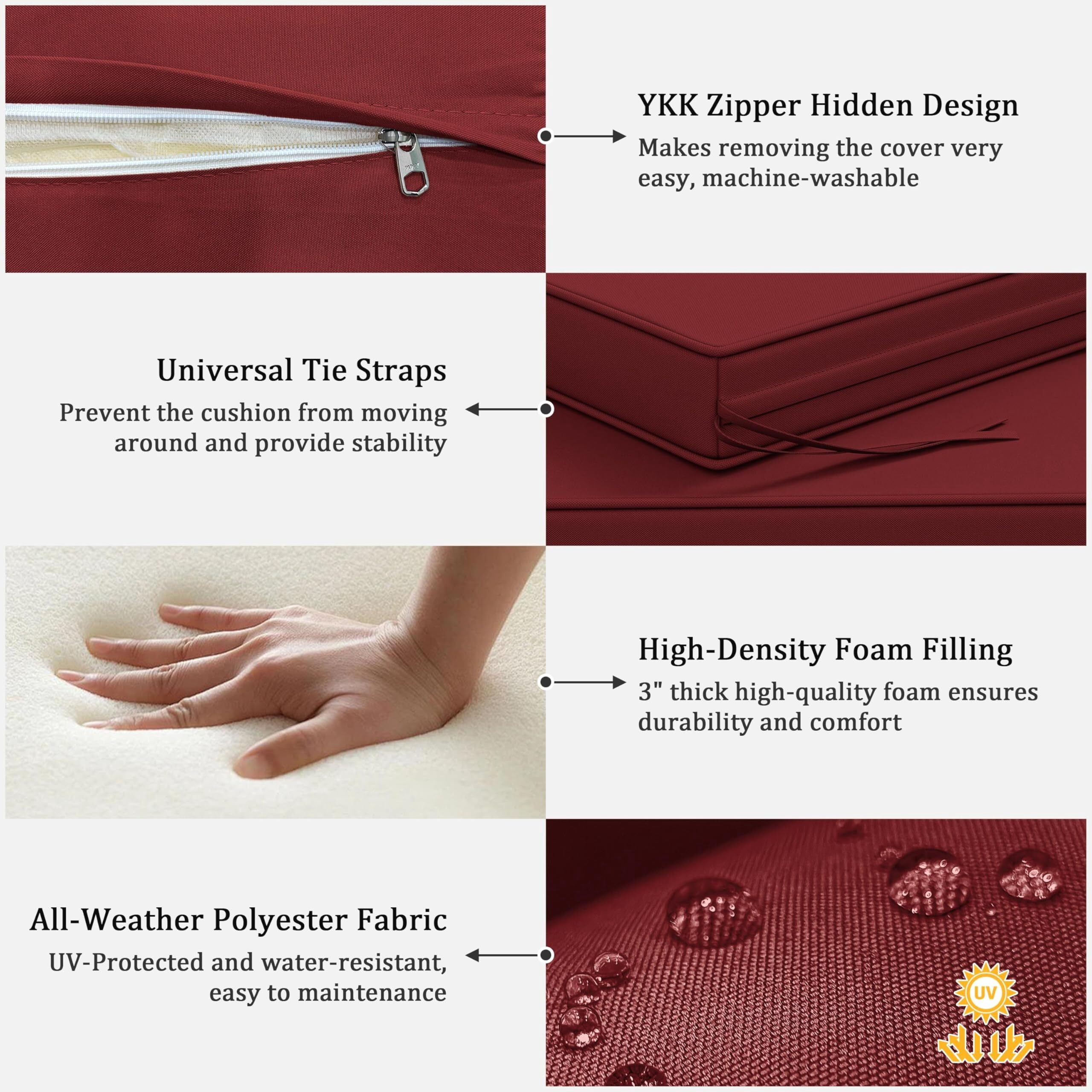 Kimunuk 3 Piece Wicker Chair Cushions, Waterproof Patio Loveseat Chair Cushions Set for Outdoor Indoor Furniture, Burgundy