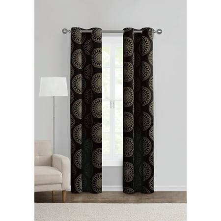Mainstays Medallion Print Room Darkening Grommet Curtain Panel Pair  Set of 2  Black  30 x 84